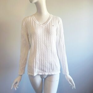 Tommy Hilfiger White Cable Knit Pullover Sweater V neck  size XL